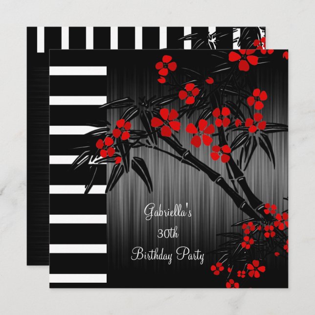 Asian Red Floral Black White Bamboo 30th Birthday Invitation (Front/Back)
