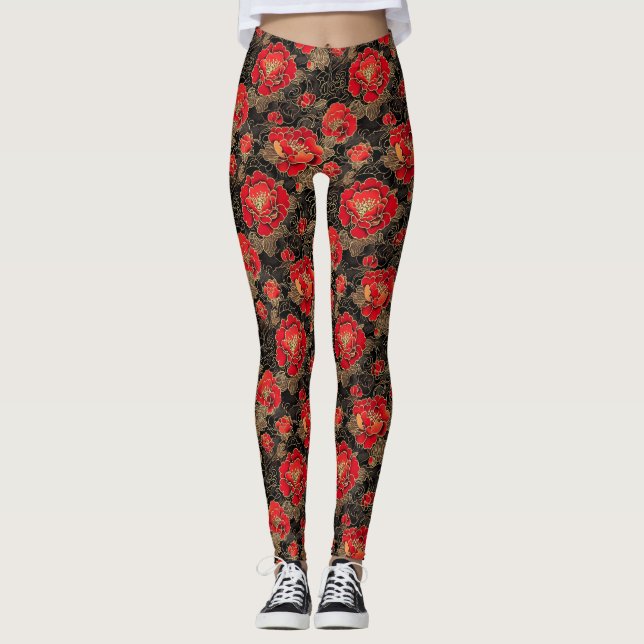Asian Red Golden Peony Floral Pattern Leggings (Front)