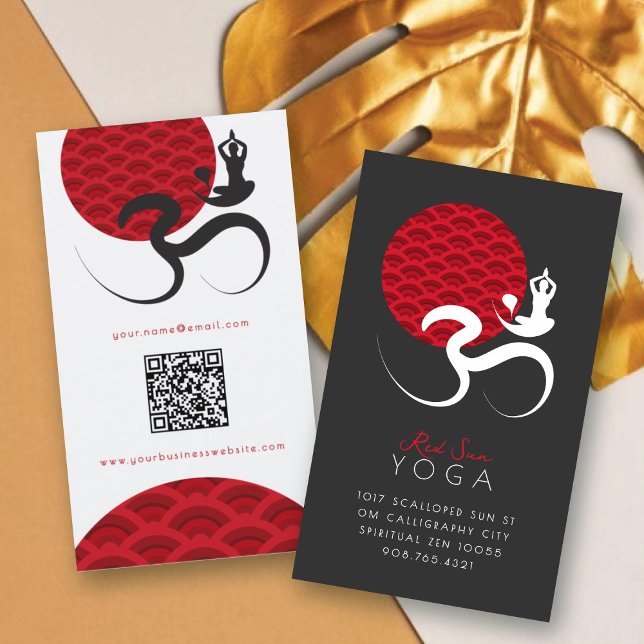 Asian Red Sun Yoga & Modern Zen Calligraphy Om Aum Business Card (Scalloped Red Sun Yoga Spiritual Indian Meditate Om Aum Calligraphy Symbol Business Card @ fatfatin)