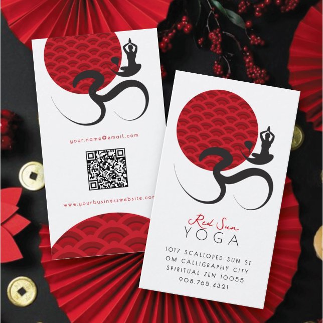 Asian Red Sun Yoga & Modern Zen Calligraphy Om Aum Business Card (Scalloped Red Sun Yoga Spiritual Indian Meditation Om Aum Modern Calligraphy Symbol @ fatfatin)