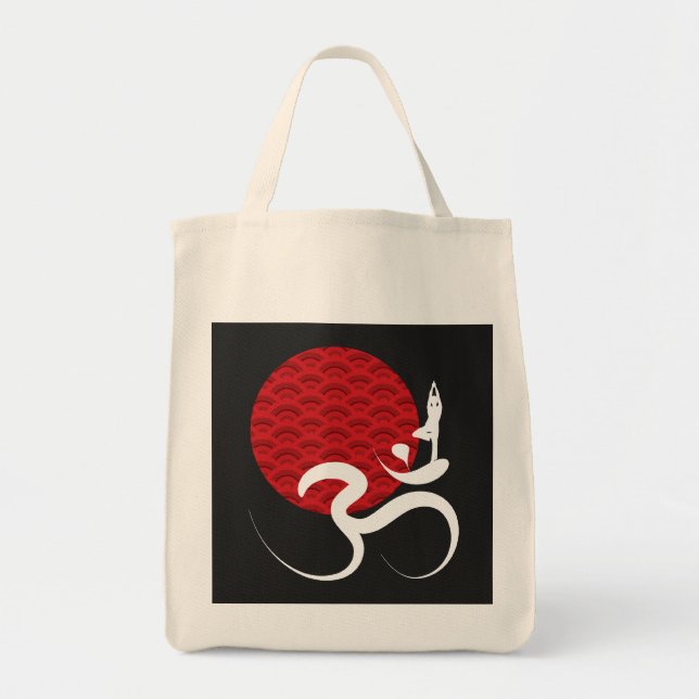 Asian Red Sun Yoga & Modern Zen Calligraphy Om Aum Tote Bag (Front)