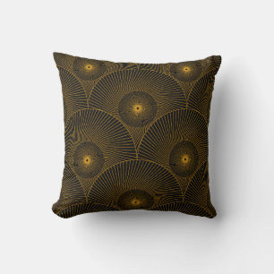 asian round feathers seamless pattern in gold blac cushion