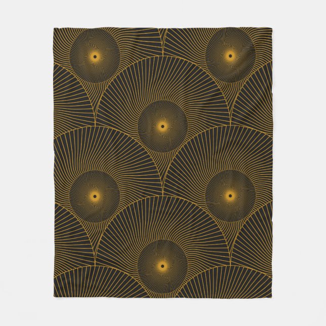 asian round feathers seamless pattern in gold blac fleece blanket (Front)