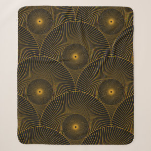 asian round feathers seamless pattern in gold blac sherpa blanket