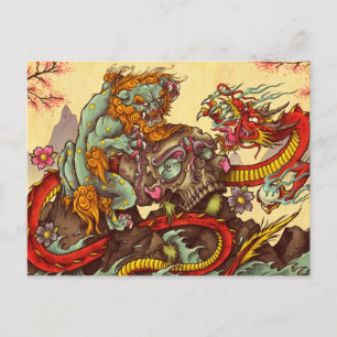 Asian scene with foo dog and dragon postcard