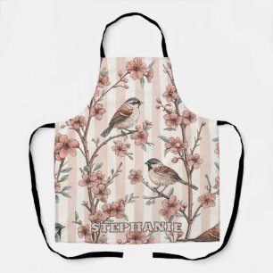 Asian Sparrow Cherry Blossom Peach Stripes Apron