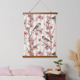 Asian Sparrow Cherry Blossom Peach Stripes Hanging Tapestry