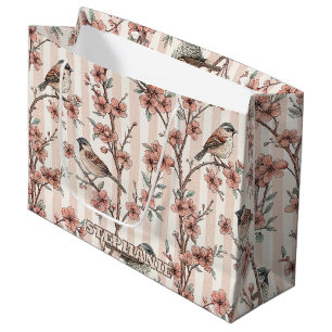 Asian Sparrow Cherry Blossom Peach Stripes Large Gift Bag