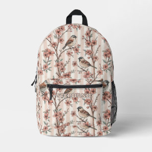 Asian Sparrow Cherry Blossom Peach Stripes Printed Backpack