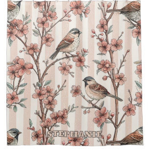 Asian Sparrow Cherry Blossom Peach Stripes Shower Curtain