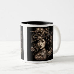 Asian Steampunk Woman Two-Tone Mug, 11 oz Coffee Mug