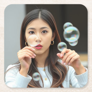 Asian Student Blowing Bubbles Coaster Set