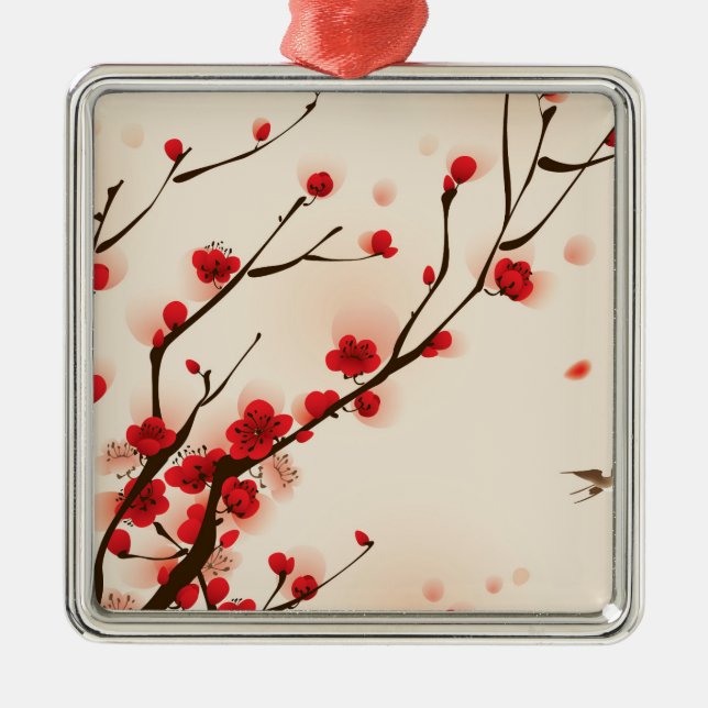 Asian Style Painting, Plum Blossom in Spring Metal Tree Decoration (Front)