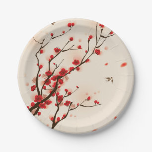 Asian Style Painting Plum Blossom in Spring Paper Plate