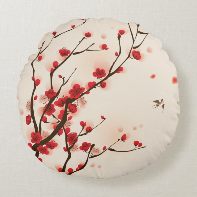 Asian Style Painting, Plum Blossom in Spring Round Cushion (Front)