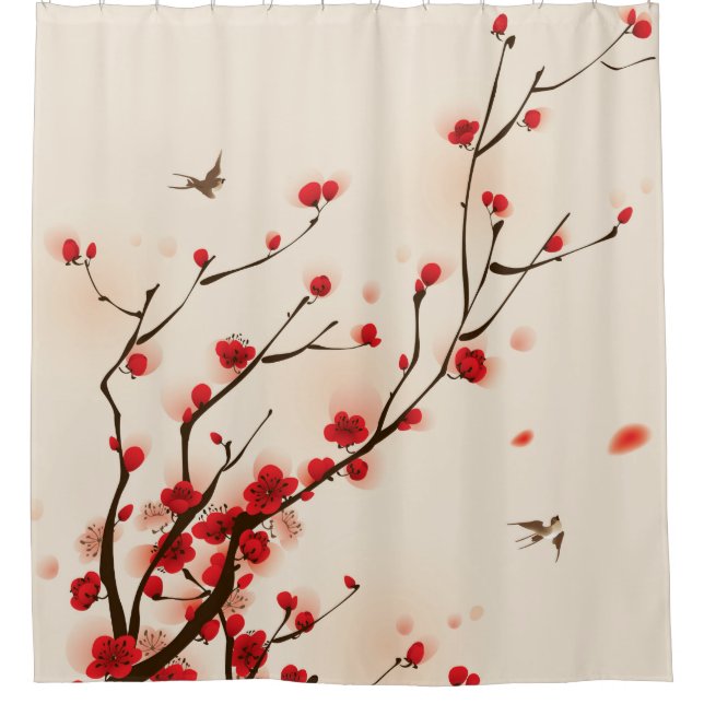 Asian Style Painting, Plum Blossom in Spring Shower Curtain (Front)