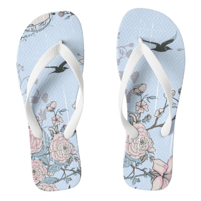 Asian Style Pastel Pink Lilies and Roses on Blue Jandals (Footbed)