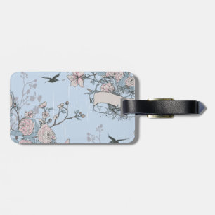 Asian Style Pastel Pink Lilies and Roses on Blue Luggage Tag