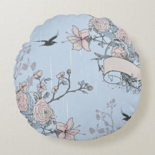 Asian Style Pink Lilies and Roses on Blue Round Cushion