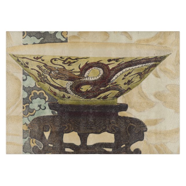 Asian Tapestry with Bowl and Dragon Design Cutting Board (Front)