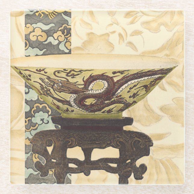 Asian Tapestry with Bowl and Dragon Design Glass Coaster (Front)