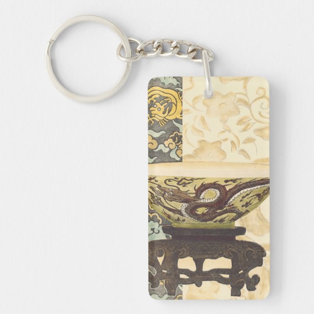 Asian Tapestry with Bowl and Dragon Design Key Ring (Front)