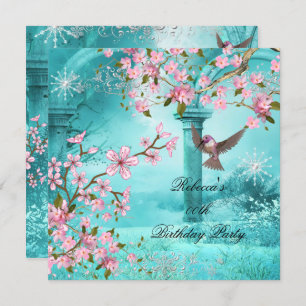 Asian Teal Pink Blossom Birthday Party Bird 2 Invitation