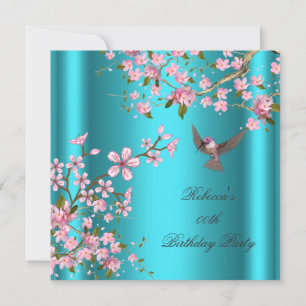 Asian Teal Pink Blossom Birthday Party Bird Invitation