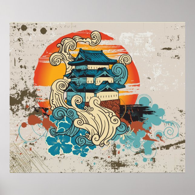 Asian Temple Pagoda and sun custom print poster (Front)