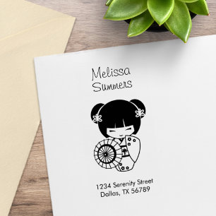 Asian Umbrella Geisha Girl in Kimono Address Rubber Stamp