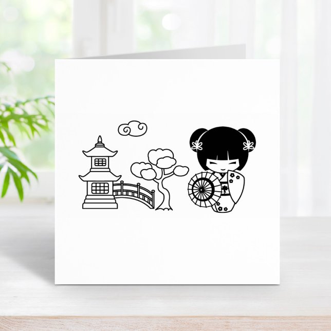 Asian Umbrella Geisha Girl in Kimono Scrapbook Rubber Stamp (Creator Uploaded)
