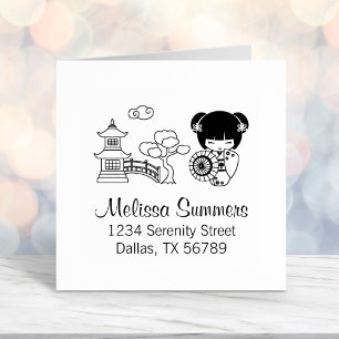 Asian Umbrella Girl in Kimono Address Self-inking Stamp