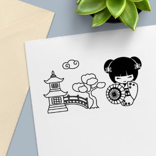 Asian Umbrella Girl in Kimono Scrapbook Self-inking Stamp