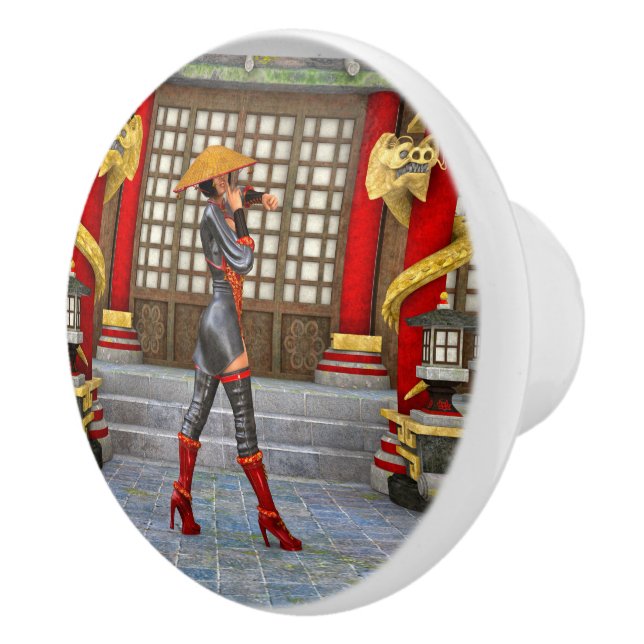 Asian Warrior Maiden Fantasy Samurai Artwork Ceramic Knob (Right)