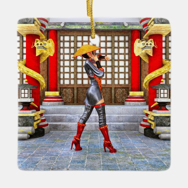 Asian Warrior Maiden Fantasy Samurai Artwork Ceramic Ornament (Front)