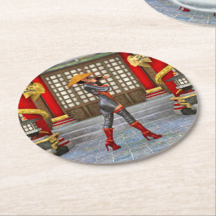Asian Warrior Maiden Fantasy Samurai Artwork Round Paper Coaster
