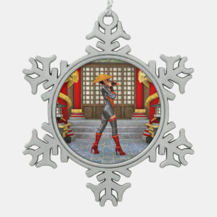 Asian Warrior Maiden Fantasy Samurai Artwork Snowflake Pewter Christmas Ornament