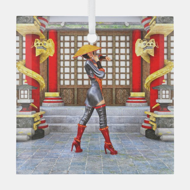 Asian Warrior Maiden Glass Tree Decoration (Front)