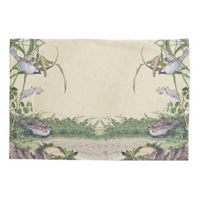 Asian Wildflower Flowers Birds Meadow Pillowcase (Back)
