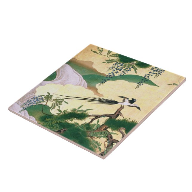 Asian Wisteria Flowers Waterfall River Bird Tile (Side)