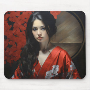 Asian Woman Red Kimono Mouse Pad