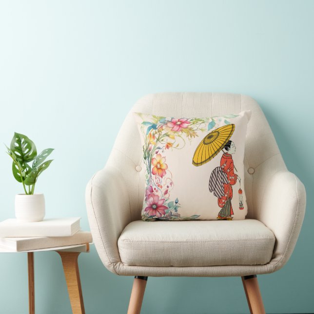 Asian Woman Throw Pillow (Chair)