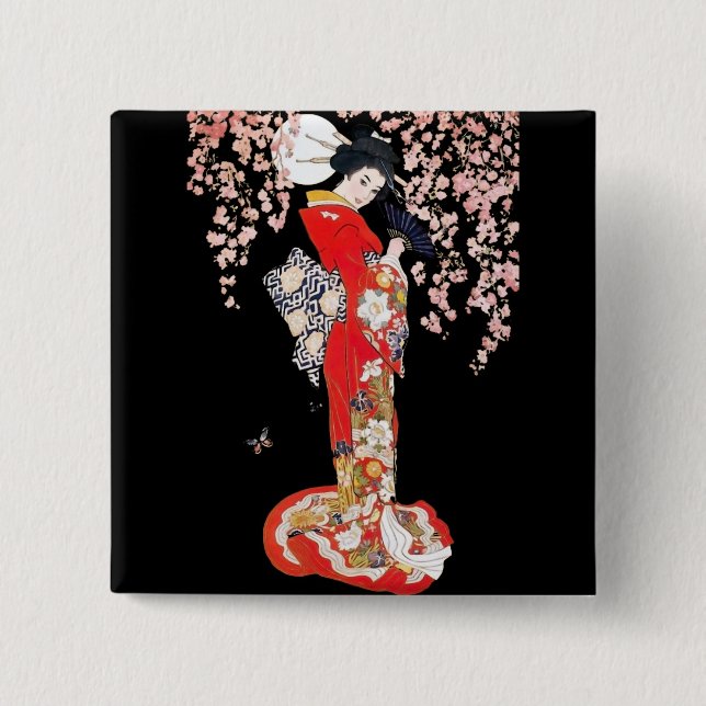 Asian Woman with Cherry Blossom Night 15 Cm Square Badge (Front)