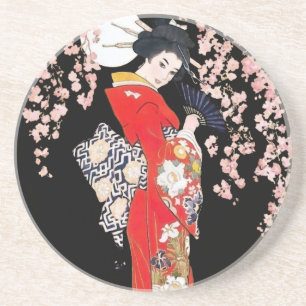 Asian Woman with Cherry Blossom Night Coaster