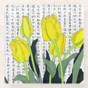 Asian Yellow Tulips on Kanji Background Glass Coaster