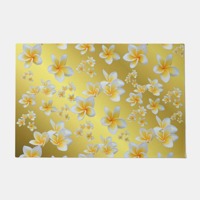 asian, yellow, white, bloom, bright, gold, floral doormat (Front)