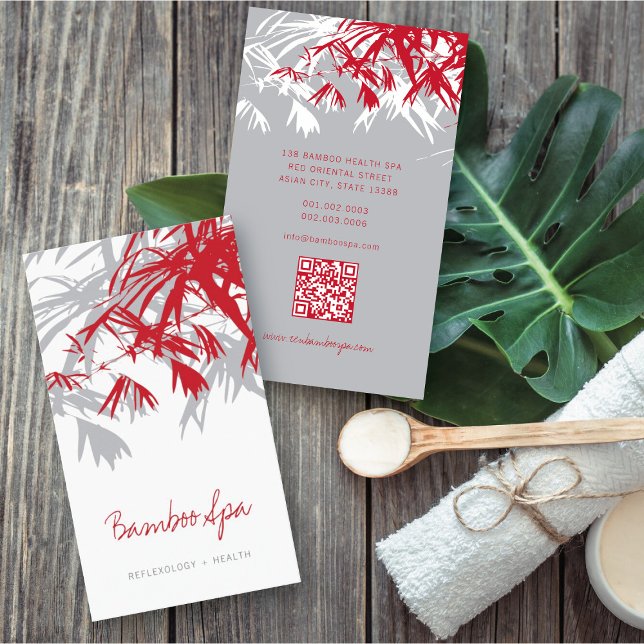 Asian Zen Red Bamboo Leaves Modern Oriental Spa Business Card (Oriental Asian Bamboo Leaves Modern Zen Spa Business Card / Profile Card @ fatfatin_red_knot)