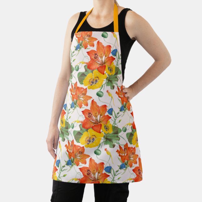 Asiatic lilies tulips morning glories pattern apron (Insitu)