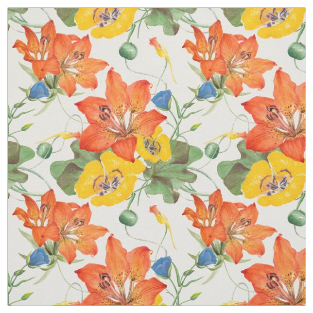 Asiatic lilies tulips morning glories pattern fabric (Swatch)