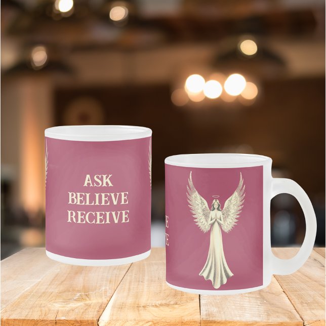 Ask, Believe, Receive  | Gold Angel Wings Red Frosted Glass Coffee Mug (In-Situ)